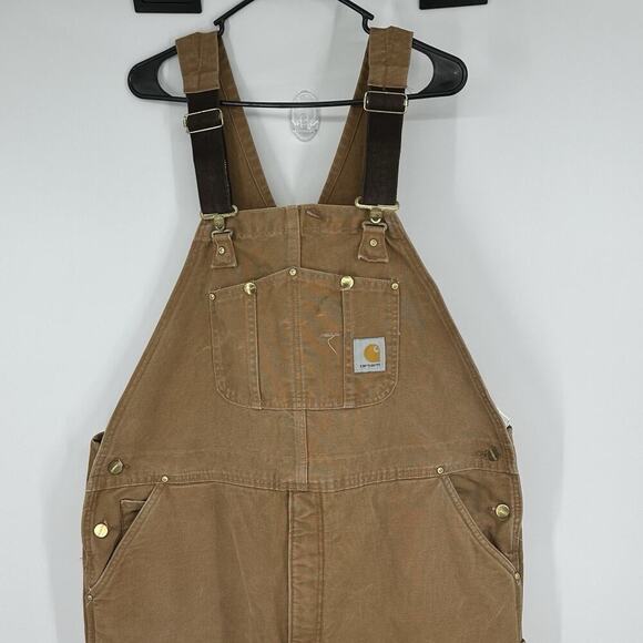 Carhartt R02 BRN Bib Overalls Mens 46x30 Brown Duck Insulated Double Knee Work - Picture 2 of 16